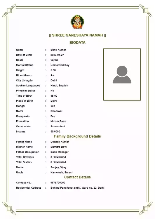 marriage biodata format with shree ganesh photo on white background